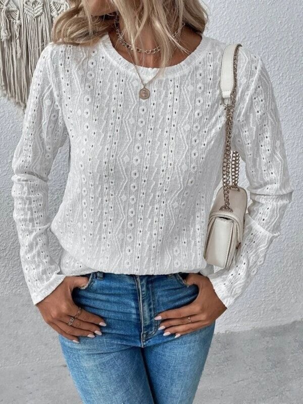 Eyelet Round Neck Long Sleeve Blouse - Cute Little Wish