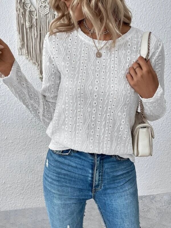 Eyelet Round Neck Long Sleeve Blouse - Cute Little Wish