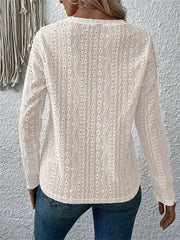 Eyelet Round Neck Long Sleeve Blouse - Cute Little Wish