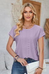 Eyelet Round Neck Rolled Short Sleeve T-Shirt - Cute Little Wish