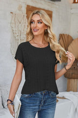 Eyelet Round Neck Rolled Short Sleeve T-Shirt - Cute Little Wish