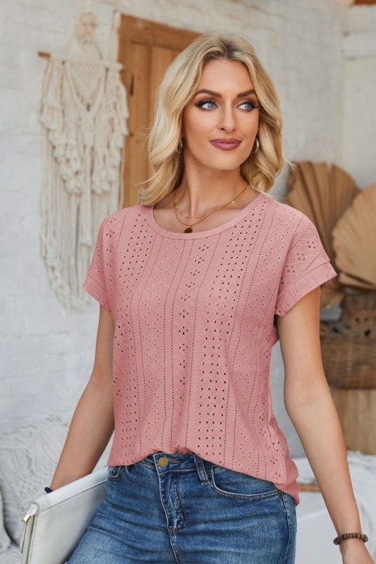 Eyelet Round Neck Rolled Short Sleeve T-Shirt - Cute Little Wish