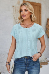 Eyelet Round Neck Rolled Short Sleeve T-Shirt - Cute Little Wish