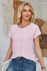 Eyelet Round Neck Rolled Short Sleeve T-Shirt - Cute Little Wish