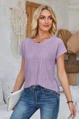 Eyelet Round Neck Rolled Short Sleeve T-Shirt - Cute Little Wish