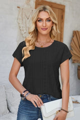 Eyelet Round Neck Rolled Short Sleeve T-Shirt - Cute Little Wish