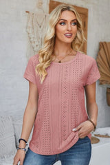 Eyelet Round Neck Rolled Short Sleeve T-Shirt - Cute Little Wish