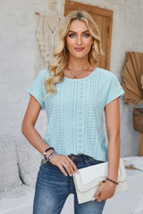 Eyelet Round Neck Rolled Short Sleeve T-Shirt - Cute Little Wish