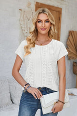 Eyelet Round Neck Rolled Short Sleeve T-Shirt - Cute Little Wish