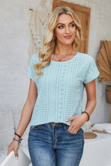 Eyelet Round Neck Rolled Short Sleeve T-Shirt - Cute Little Wish