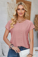 Eyelet Round Neck Rolled Short Sleeve T-Shirt - Cute Little Wish