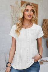 Eyelet Round Neck Rolled Short Sleeve T-Shirt - Cute Little Wish