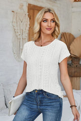 Eyelet Round Neck Rolled Short Sleeve T-Shirt - Cute Little Wish