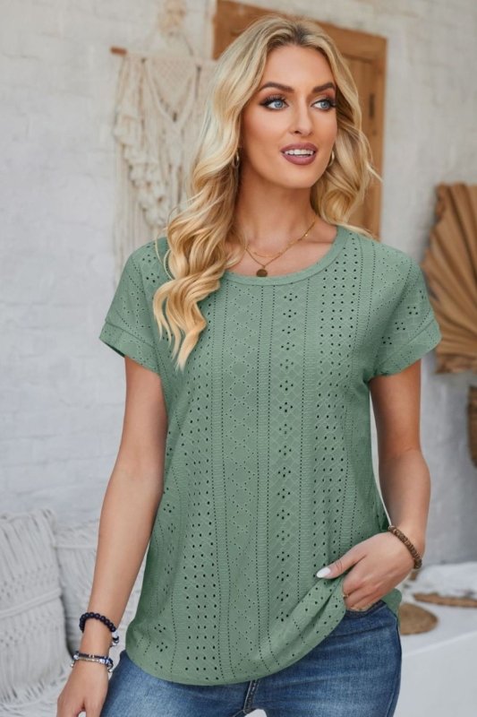 Eyelet Round Neck Rolled Short Sleeve T-Shirt - Cute Little Wish