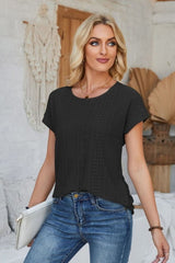 Eyelet Round Neck Rolled Short Sleeve T-Shirt - Cute Little Wish