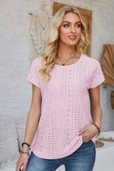 Eyelet Round Neck Rolled Short Sleeve T-Shirt - Cute Little Wish