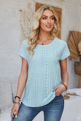 Eyelet Round Neck Rolled Short Sleeve T-Shirt - Cute Little Wish