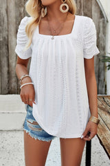 Eyelet Square Neck Puff Sleeve T-Shirt - Cute Little Wish