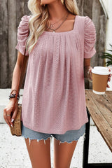 Eyelet Square Neck Puff Sleeve T-Shirt - Cute Little Wish