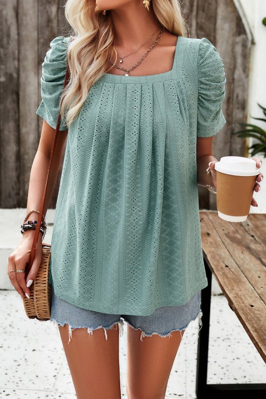 Eyelet Square Neck Puff Sleeve T-Shirt - Cute Little Wish