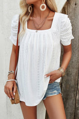 Eyelet Square Neck Puff Sleeve T-Shirt - Cute Little Wish