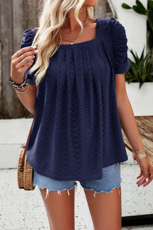 Eyelet Square Neck Puff Sleeve T-Shirt - Cute Little Wish