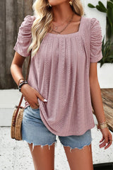 Eyelet Square Neck Puff Sleeve T-Shirt - Cute Little Wish