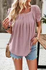 Eyelet Square Neck Puff Sleeve T-Shirt - Cute Little Wish