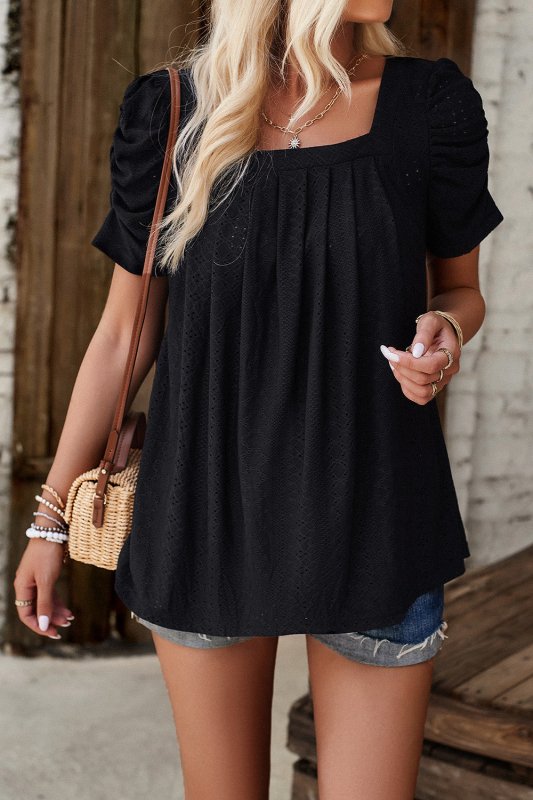 Eyelet Square Neck Puff Sleeve T-Shirt - Cute Little Wish