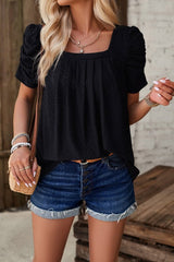 Eyelet Square Neck Puff Sleeve T-Shirt - Cute Little Wish