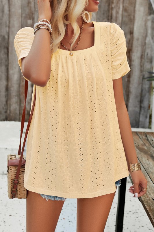 Eyelet Square Neck Puff Sleeve T-Shirt - Cute Little Wish