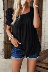 Eyelet Square Neck Puff Sleeve T-Shirt - Cute Little Wish