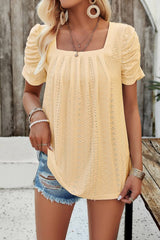 Eyelet Square Neck Puff Sleeve T-Shirt - Cute Little Wish