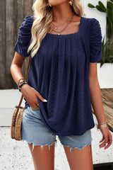 Eyelet Square Neck Puff Sleeve T-Shirt - Cute Little Wish