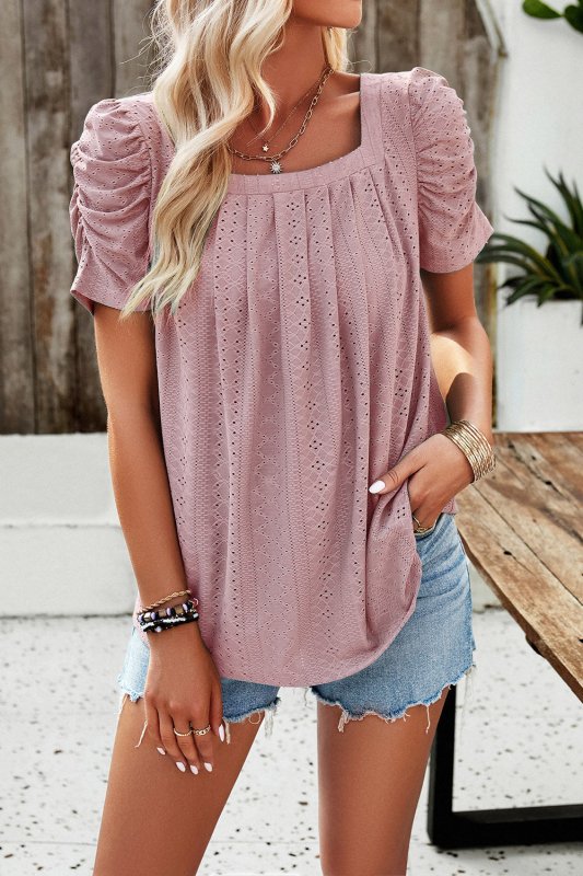 Eyelet Square Neck Puff Sleeve T-Shirt - Cute Little Wish