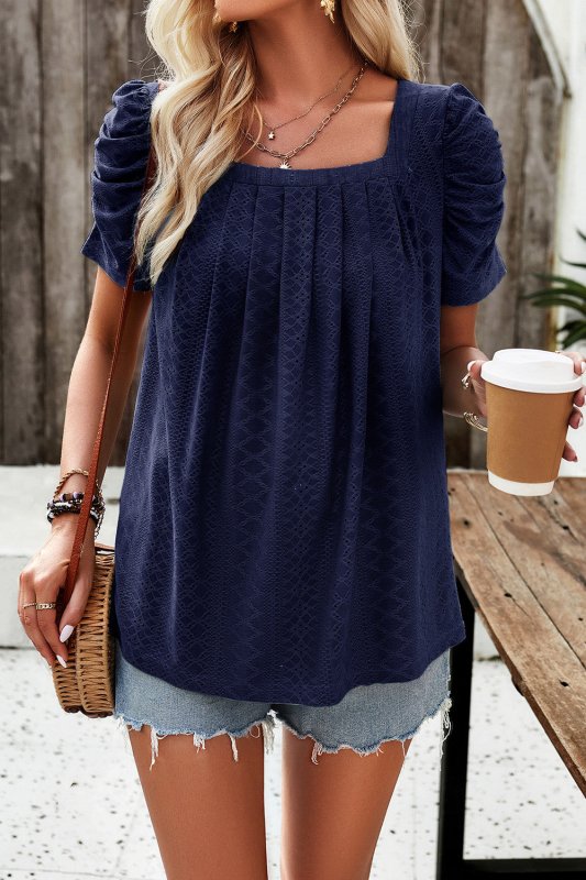 Eyelet Square Neck Puff Sleeve T-Shirt - Cute Little Wish