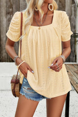 Eyelet Square Neck Puff Sleeve T-Shirt - Cute Little Wish