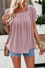 Eyelet Square Neck Puff Sleeve T-Shirt - Cute Little Wish