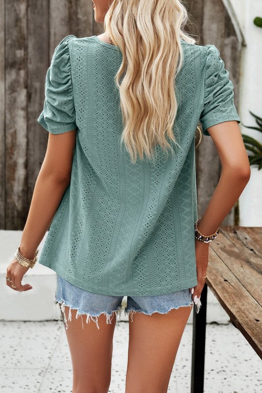 Eyelet Square Neck Puff Sleeve T-Shirt - Cute Little Wish