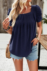 Eyelet Square Neck Puff Sleeve T-Shirt - Cute Little Wish