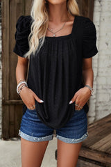 Eyelet Square Neck Puff Sleeve T-Shirt - Cute Little Wish