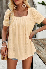 Eyelet Square Neck Puff Sleeve T-Shirt - Cute Little Wish