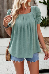 Eyelet Square Neck Puff Sleeve T-Shirt - Cute Little Wish