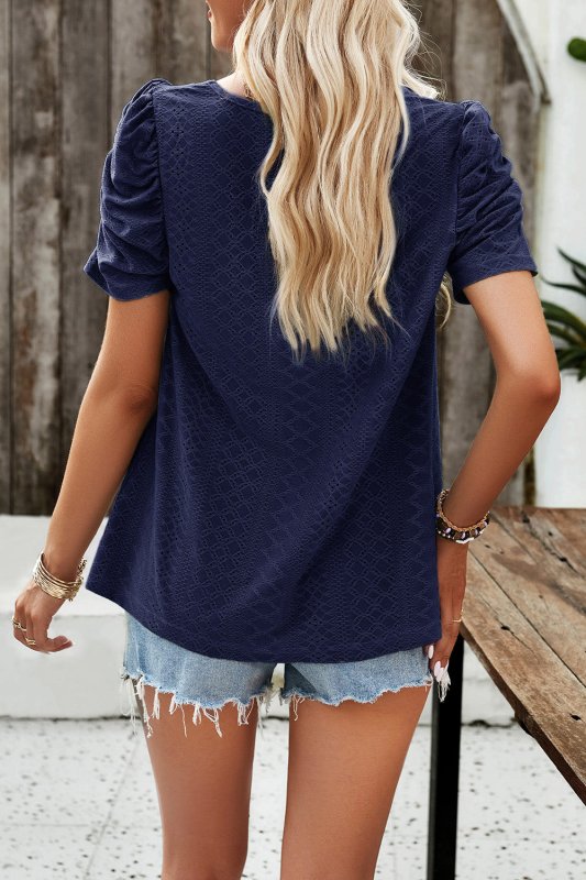 Eyelet Square Neck Puff Sleeve T-Shirt - Cute Little Wish