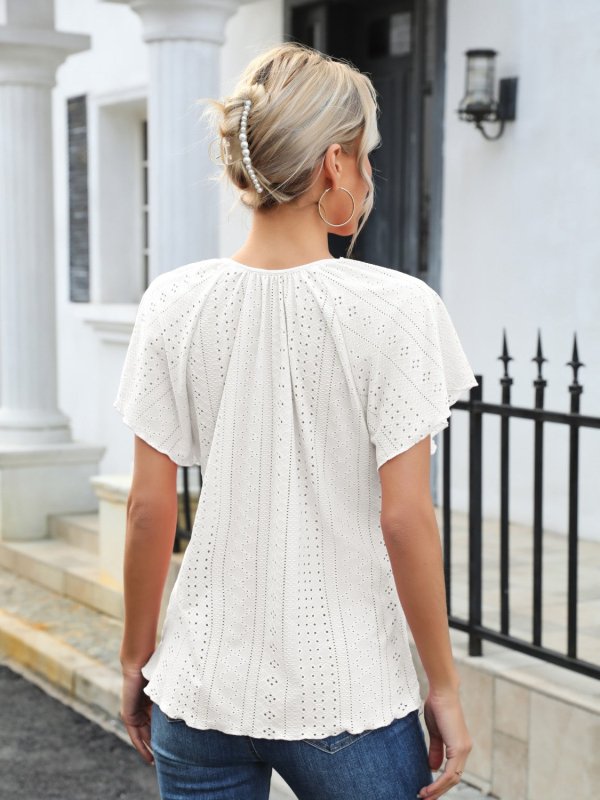 Eyelet Tie Neck Flutter Sleeve Blouse - Cute Little Wish