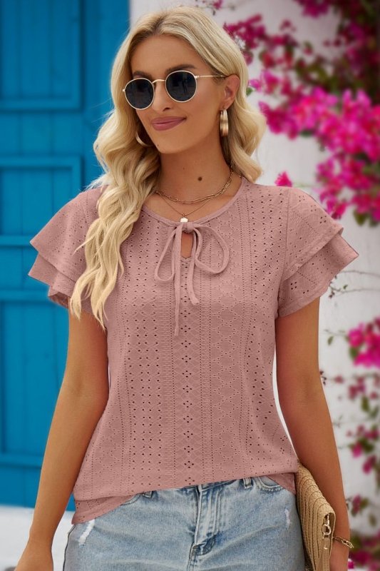 Eyelet Tie-Neck Flutter Sleeve Blouse - Cute Little Wish