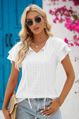 Eyelet Tie-Neck Flutter Sleeve Blouse - Cute Little Wish