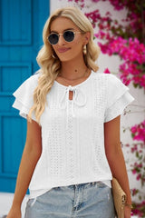 Eyelet Tie-Neck Flutter Sleeve Blouse - Cute Little Wish