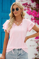 Eyelet Tie-Neck Flutter Sleeve Blouse - Cute Little Wish