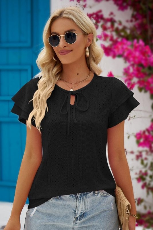 Eyelet Tie-Neck Flutter Sleeve Blouse - Cute Little Wish